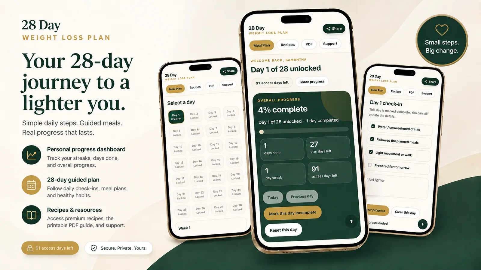 28 Day Weight Loss Plan dashboard preview on mobile screens