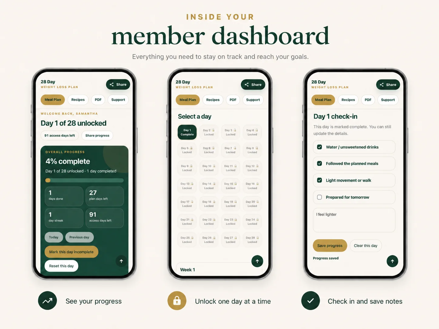 Member dashboard showing progress, locked days and daily check-ins