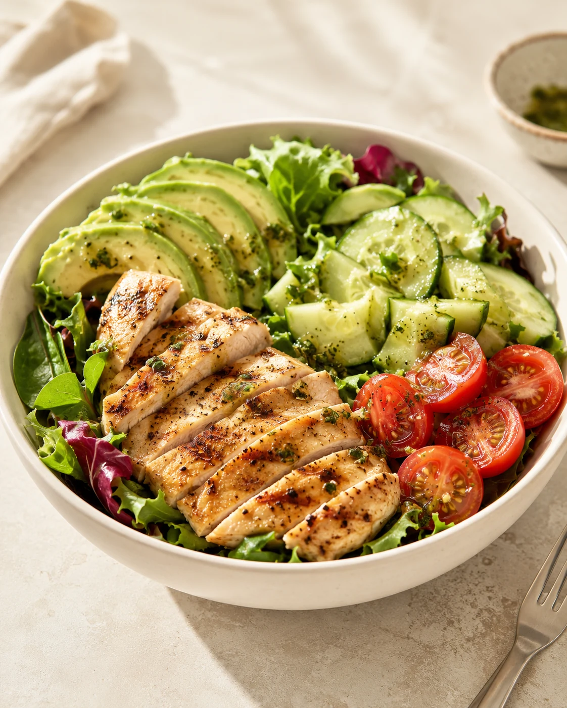 Realistic grilled chicken salad bowl from the meal plan