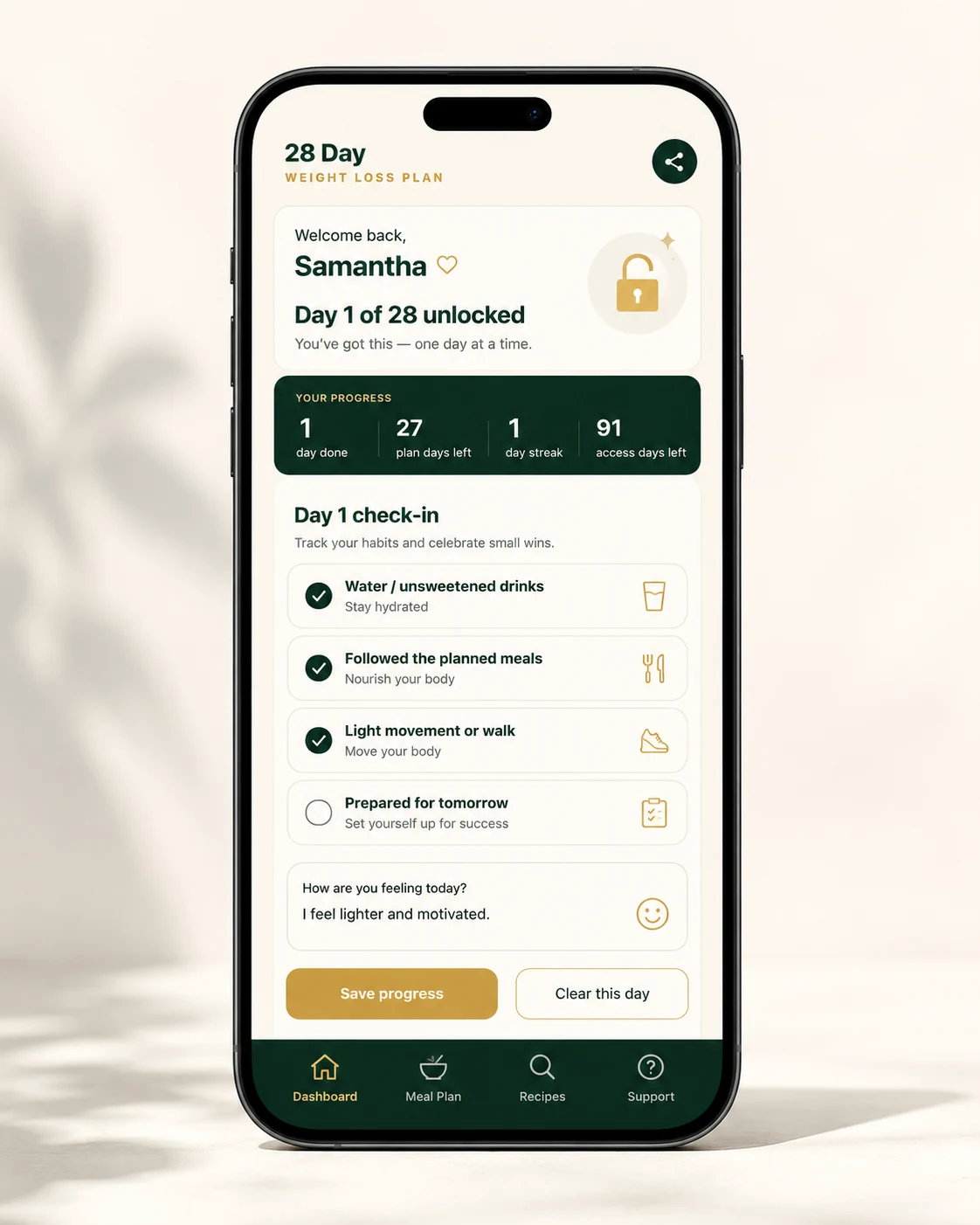 Premium phone mockup showing the Day 1 check-in experience inside the 28 Day Weight Loss Plan dashboard